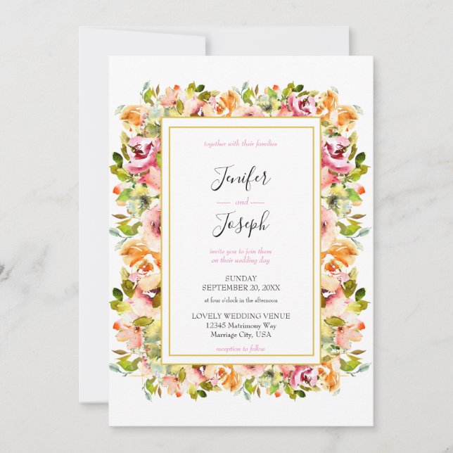 Convite Casamento Floral de Aquarela de Jardim de Verão (Frente)