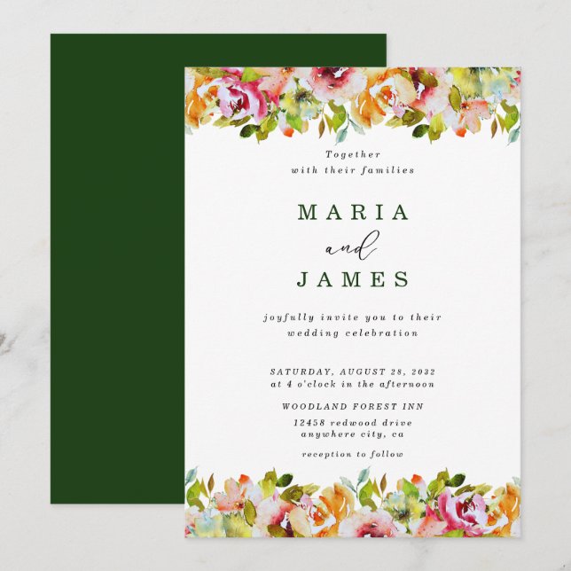 Convite Casamento Floral de Aquarela de Jardim de Verão (Frente/Verso)