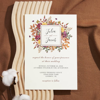 Convite Casamento Floral de Aquarela de outono Elegante