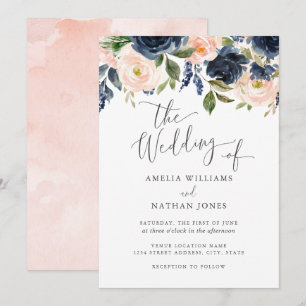 Convite Casamento Floral de Aquarela do Marinho de Blush M