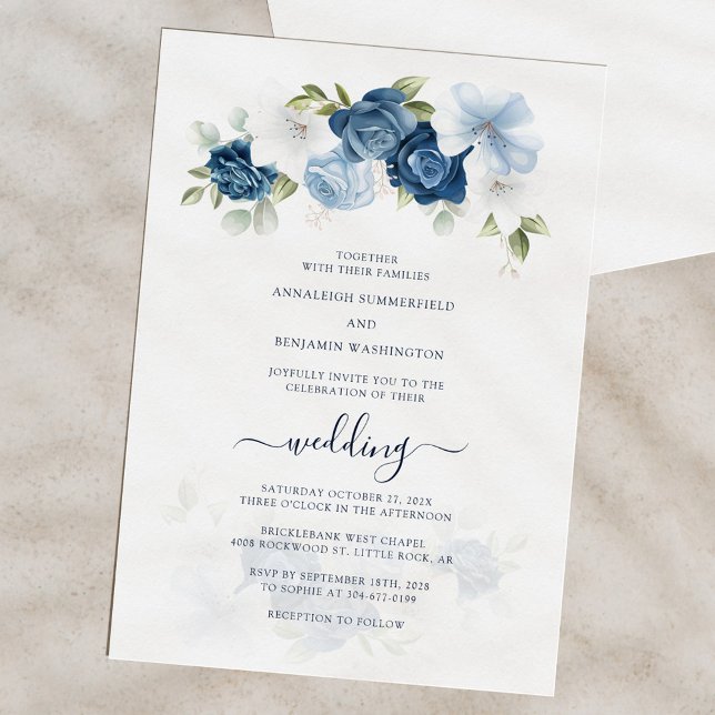 Convite Casamento Floral de Aquarela Elegante (Floral Dusty Blue Bloom Script Wedding Invitation)