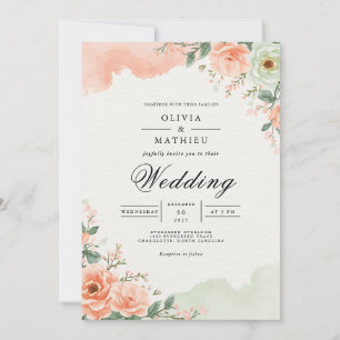 Convite Casamento Floral de Aquarela em Bege Rosado