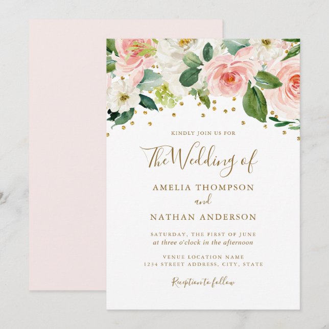 Convite Casamento Floral de Aquarela em Ouro Rosa (Frente/Verso)