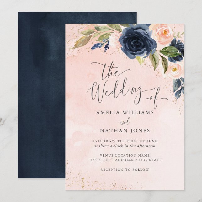 Convite Casamento Floral de Aquarela em Tons de Bege e Dou (Frente/Verso)