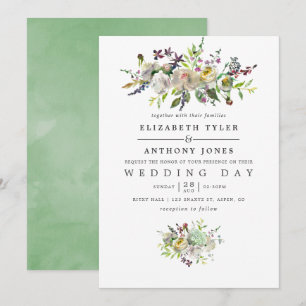Convite Casamento Floral de Aquarela em Verde Sage e Branc