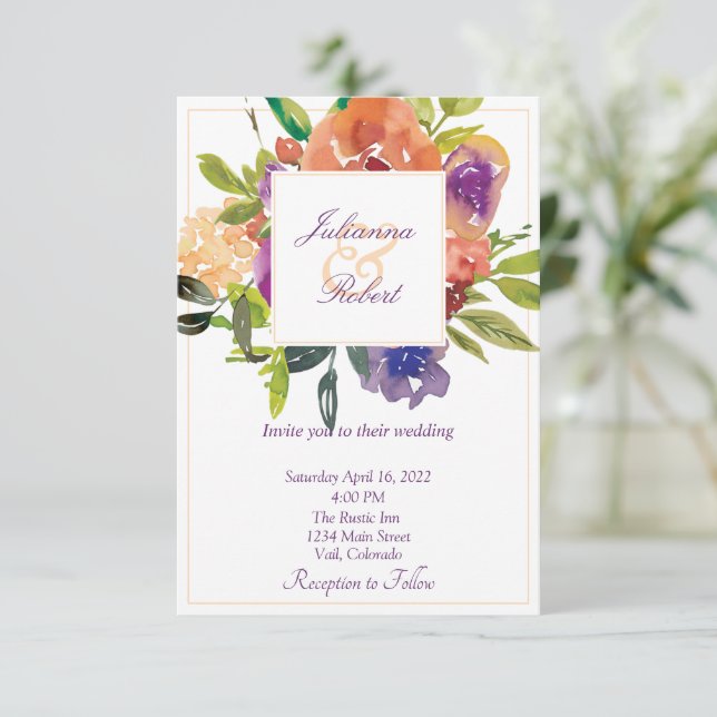 Convite Casamento floral de aquarela laranja e roxa (Em pé/Frente)