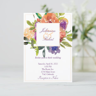 Convite Casamento floral de aquarela laranja e roxa