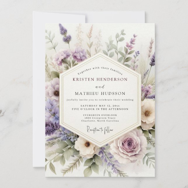 Convite Casamento Floral de Aquarela Lilás (Frente)