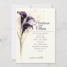 Convite Casamento Floral de Aquarela Lírio Calla Roxo Fund