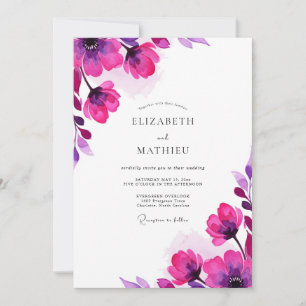 Convite Casamento Floral de Aquarela Magenta