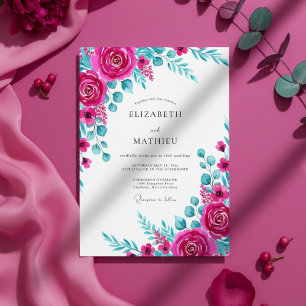 Convite Casamento Floral de Aquarela Magenta e Turquesa