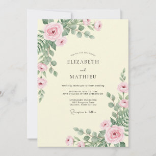 Convite Casamento Floral de Aquarela Rosa Creme