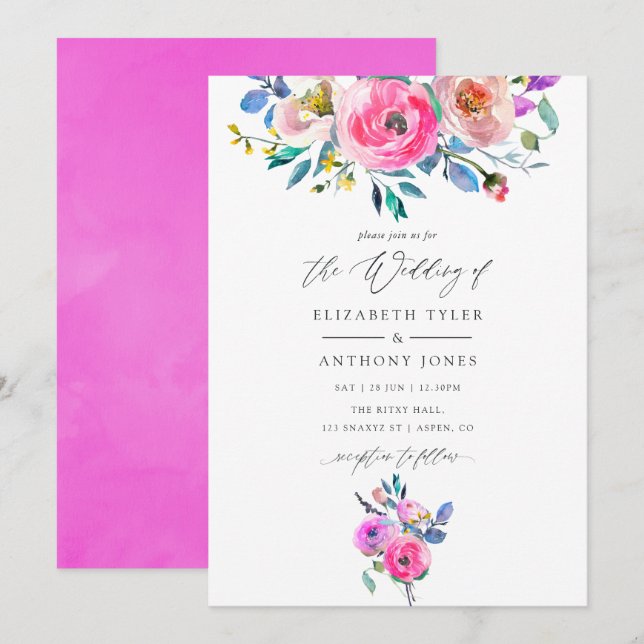 Convite Casamento Floral de Aquarela Rosa-Quente (Frente/Verso)