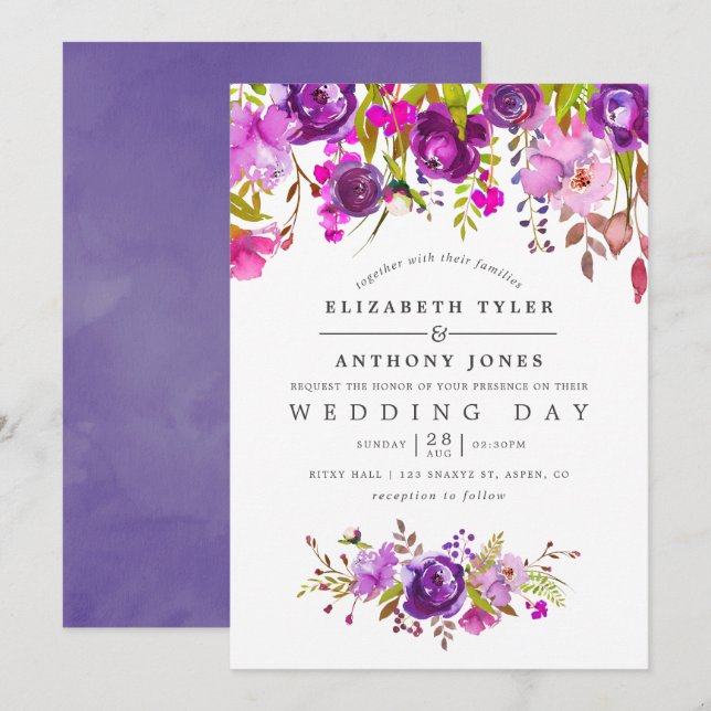 Convite Casamento Floral de Aquarela Roxo e Violeta (Frente/Verso)