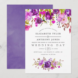 Convite Casamento Floral de Aquarela Roxo e Violeta
