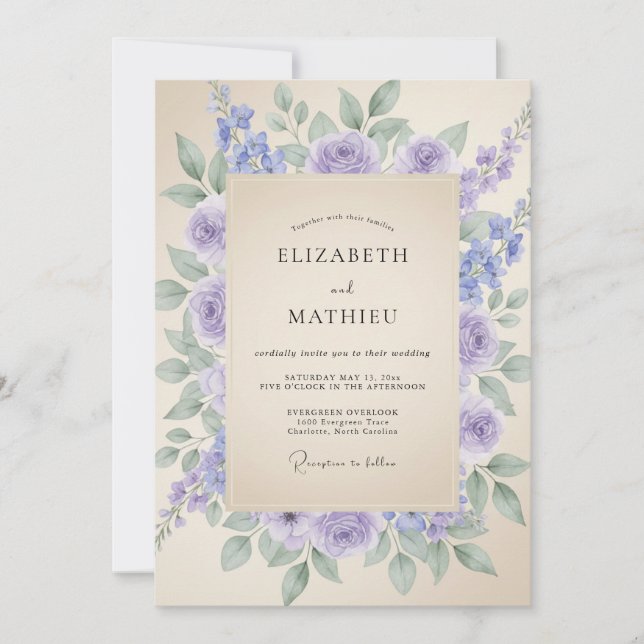 Convite Casamento Floral de Aquarela Suave Lilás (Frente)