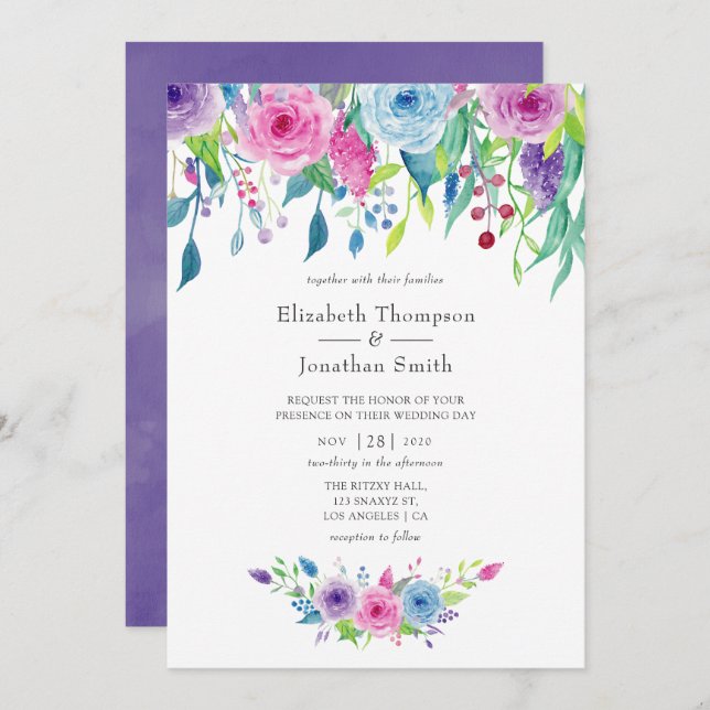 Convite Casamento Floral de Aquarela Ultra Violet (Frente/Verso)