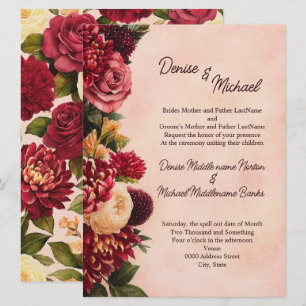 Convite Casamento Floral de Aquarelas Blush Burgundy