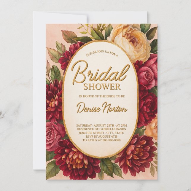 Convite Casamento Floral de Aquarelas Blush Burgundy (Frente)