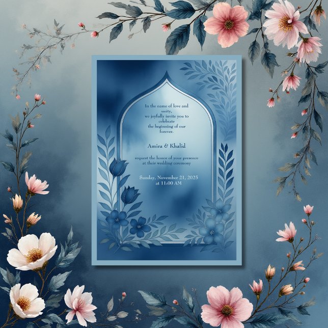 Convite Casamento floral de arco azul-d'água (Criador carregado)