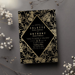 Convite Casamento floral de arco de ouro negro estilo Vint