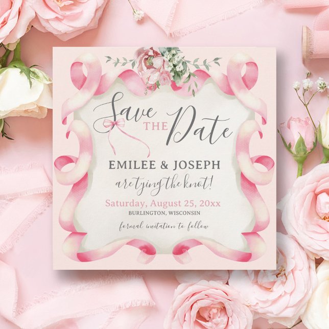 Convite Casamento Floral de Arco Rosa Coquette Salve a Dat (Modern Trendy Coquette feminine pink bow ribbon floral vintage wedding save the date, Tying the Knot)