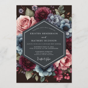 Convite Casamento Floral de Ardósia Borgonha