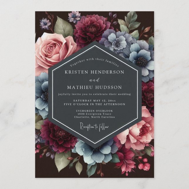 Convite Casamento Floral de Ardósia Borgonha (Frente)