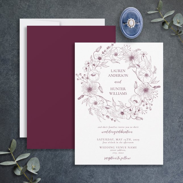 Convite Casamento Floral de Arte da Linha Moderna Burgundy (Criador carregado)
