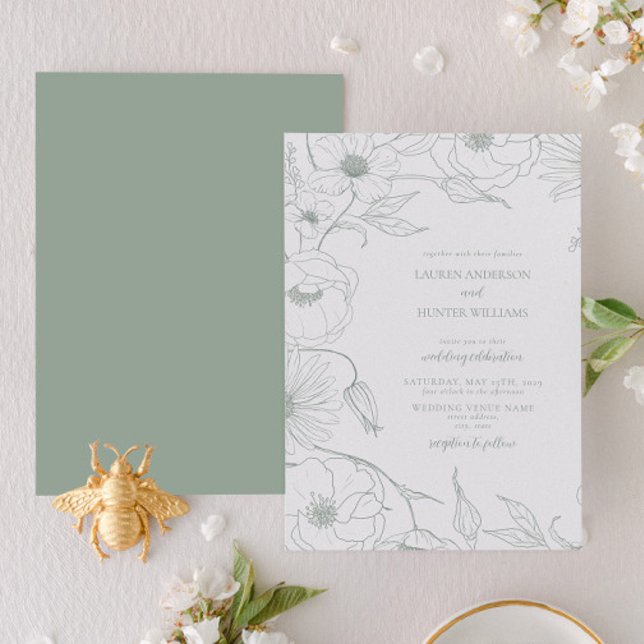 Convite Casamento Floral de Arte da Linha Verde Moderna (Criador carregado)