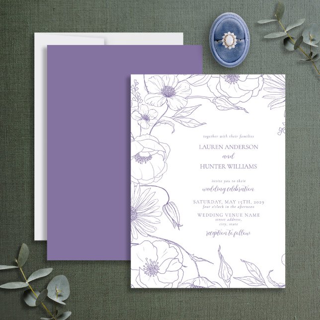 Convite Casamento Floral de Arte de Linha de Lavanda Moder (Criador carregado)