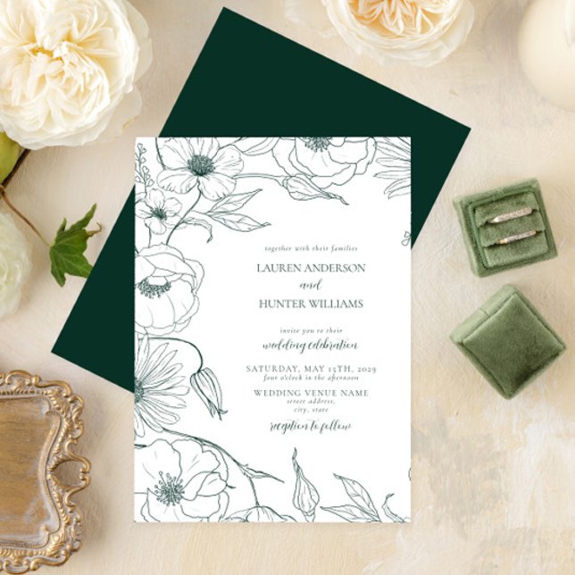 Convite Casamento Floral de Arte de Linha Verde Moderna (Criador carregado)