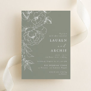 Convite Casamento Floral de Arte Linear em Verde Sage Bran