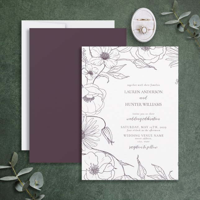 Convite Casamento Floral de Arte Roxo de Plum Moderno (Criador carregado)