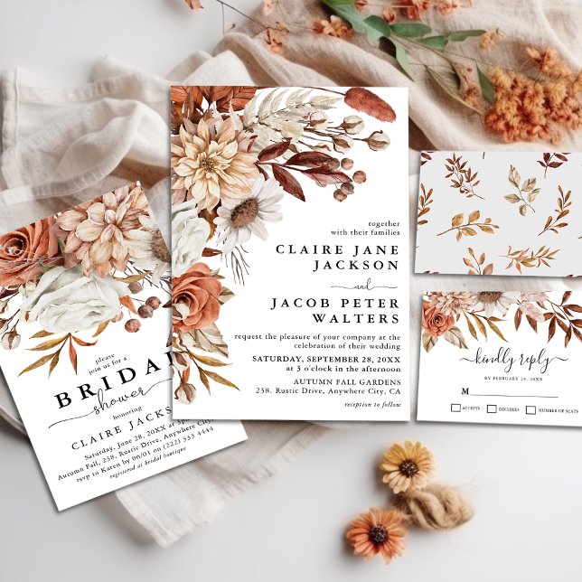 Convite Casamento Floral de Autumn Fall Watercolor (Criador carregado)