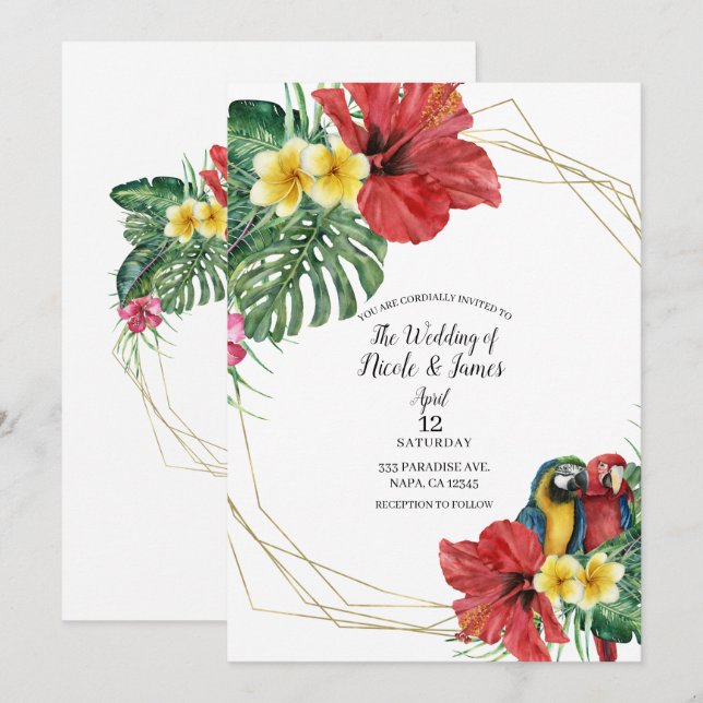 Convite Casamento Floral de Aves do Paraíso Tropical (Frente/Verso)