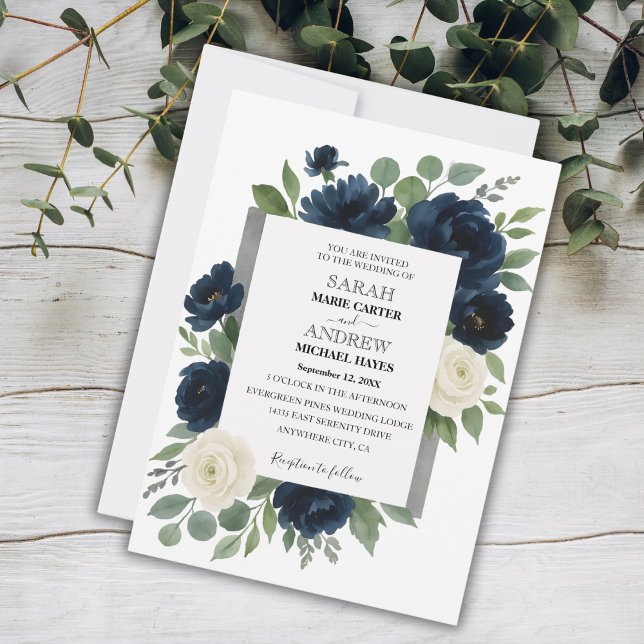 Convite Casamento Floral de Azul e Marfim, Marinho Elegant (Elegant Navy Blue & Ivory Floral Wedding Invitation)