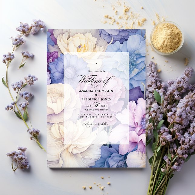 Convite Casamento Floral de Azul Pálido, Creme e Lavanda (Criador carregado)