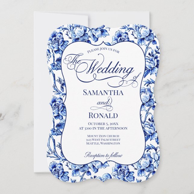 Convite Casamento Floral de Banho Azul e Branco com Caligr (Frente)