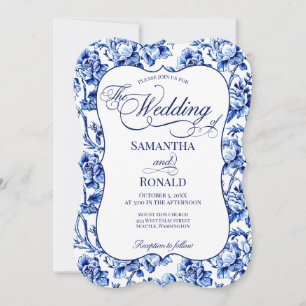 Convite Casamento Floral de Banho Azul e Branco com Caligr