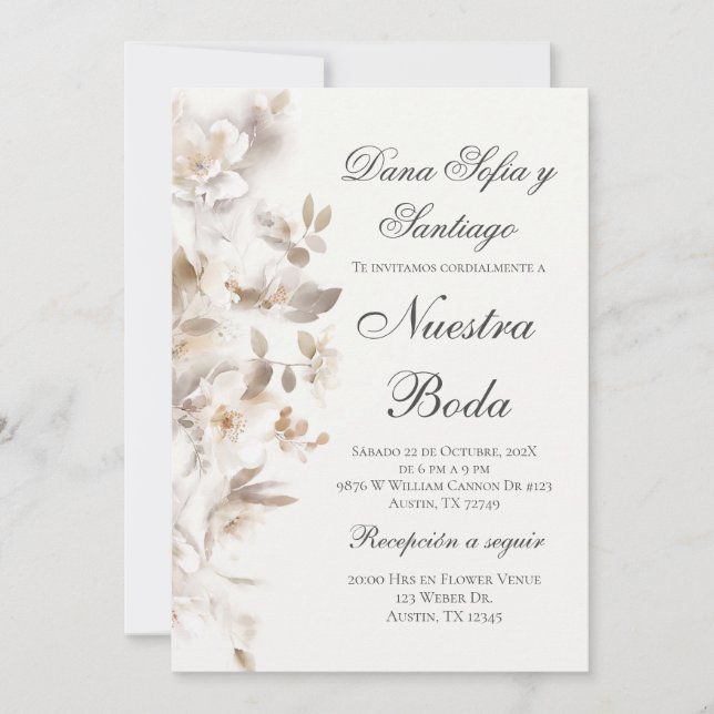Convite Casamento floral de bege espanhol (Frente)