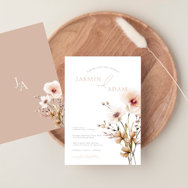 Convite Casamento Floral de Beige, Flores Rosa Simples (Simple Pink Wildflowers Beige Floral Wedding Invitation)