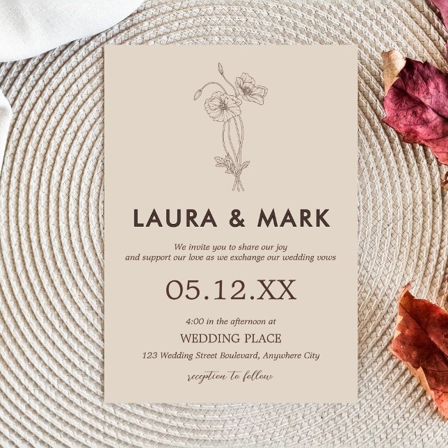 Convite Casamento Floral de Beige Minimalista (Minimalist Floral Beige Wedding Invitation)
