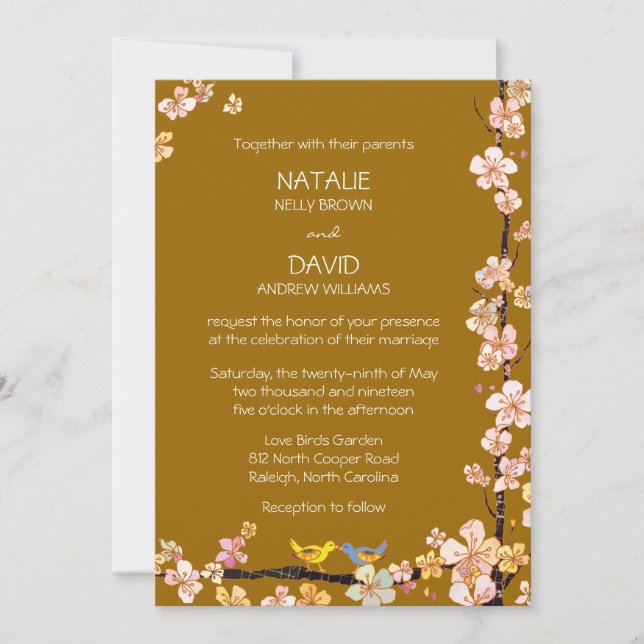 Convite Casamento Floral de Beijo de Aves Marrom (Frente)