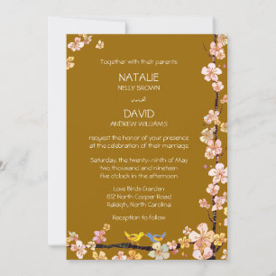 Convite Casamento Floral de Beijo de Aves Marrom