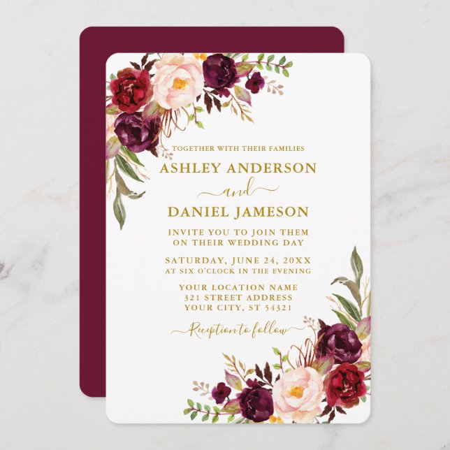 Convite Casamento Floral de Berurgundy, Elegante, Dourado (Frente/Verso)