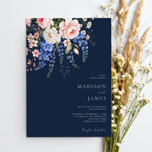 Convite Casamento Floral de BlueBoho, Marinho Minimalista