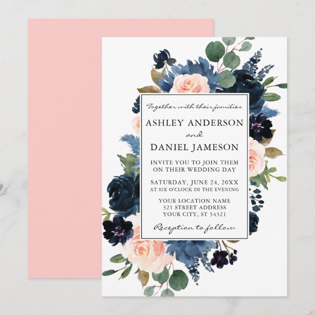 Convite Casamento Floral De Blush Azul Com Cor De Água Pin (Frente/Verso)