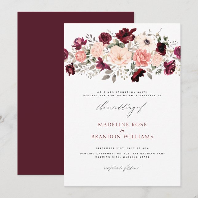 Convite Casamento Floral de Blush Burgundy Elegante (Frente/Verso)