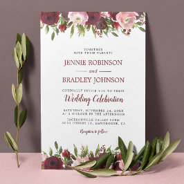 Convite Casamento Floral de Blush Burgundy Watercolor